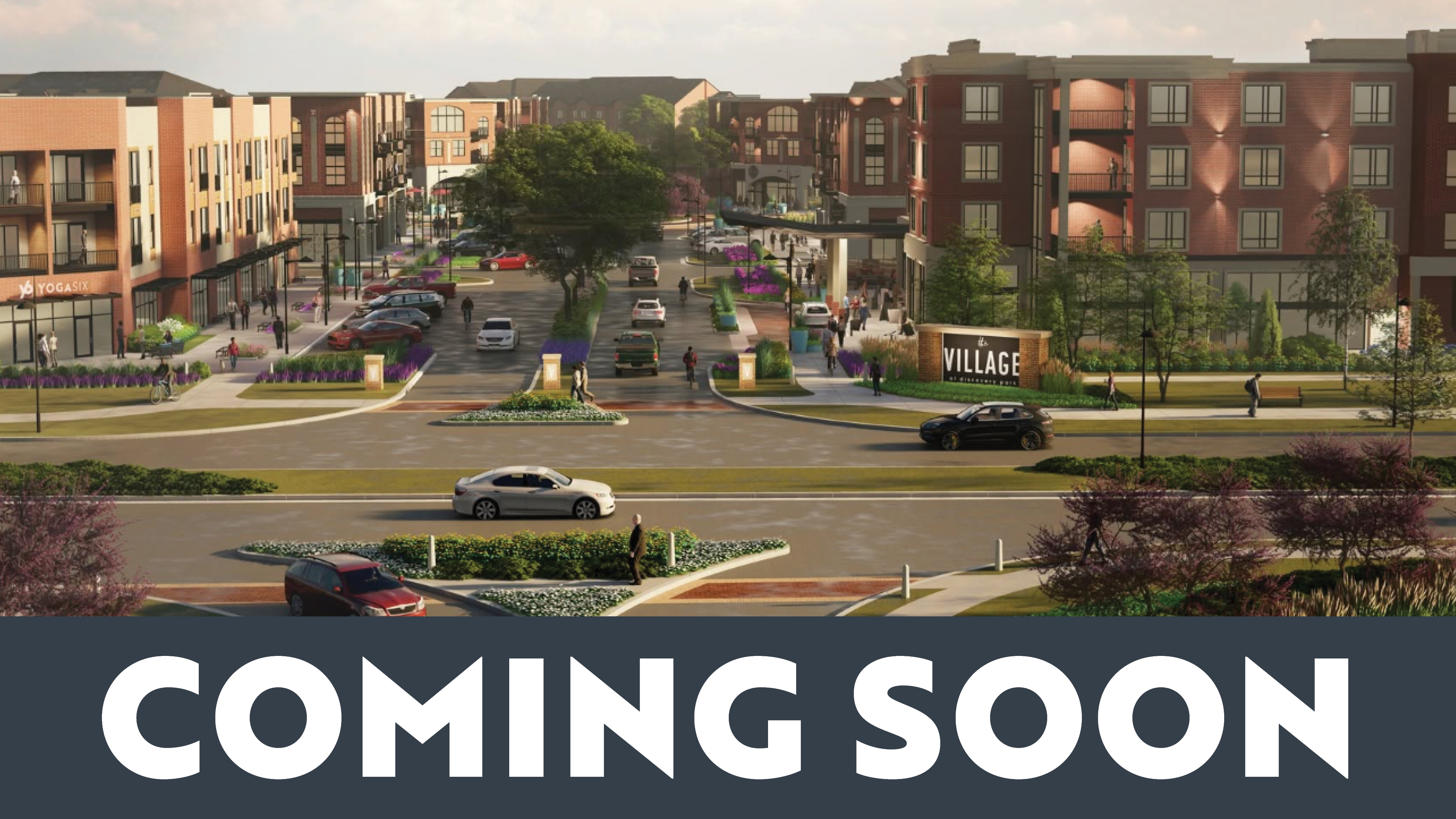 rendering of an outdoor shopping center with text overlay of coming soon